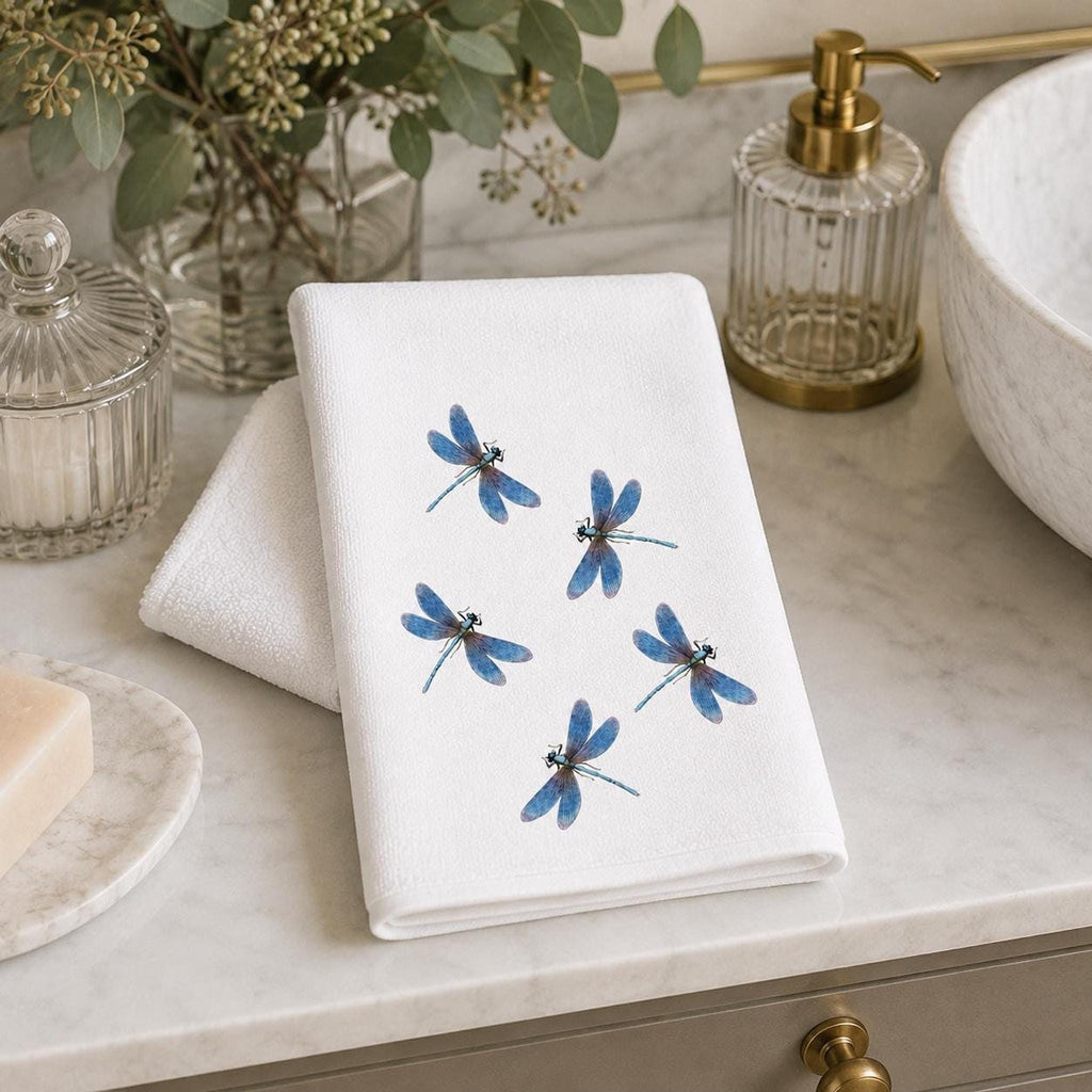 Powder Room Decor Blue Dragonfly Fingertip Towel, 11 × 18-Inch Cotton Terry Back
