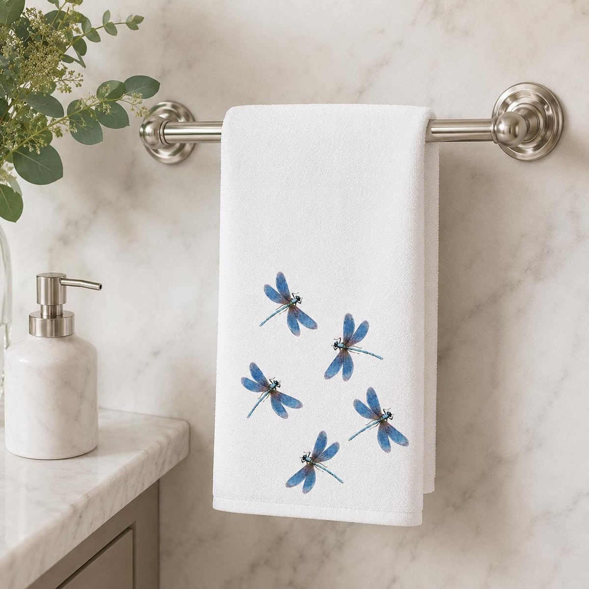 Powder Room Decor Blue Dragonfly Fingertip Towel, 11 × 18-Inch Cotton Terry Back