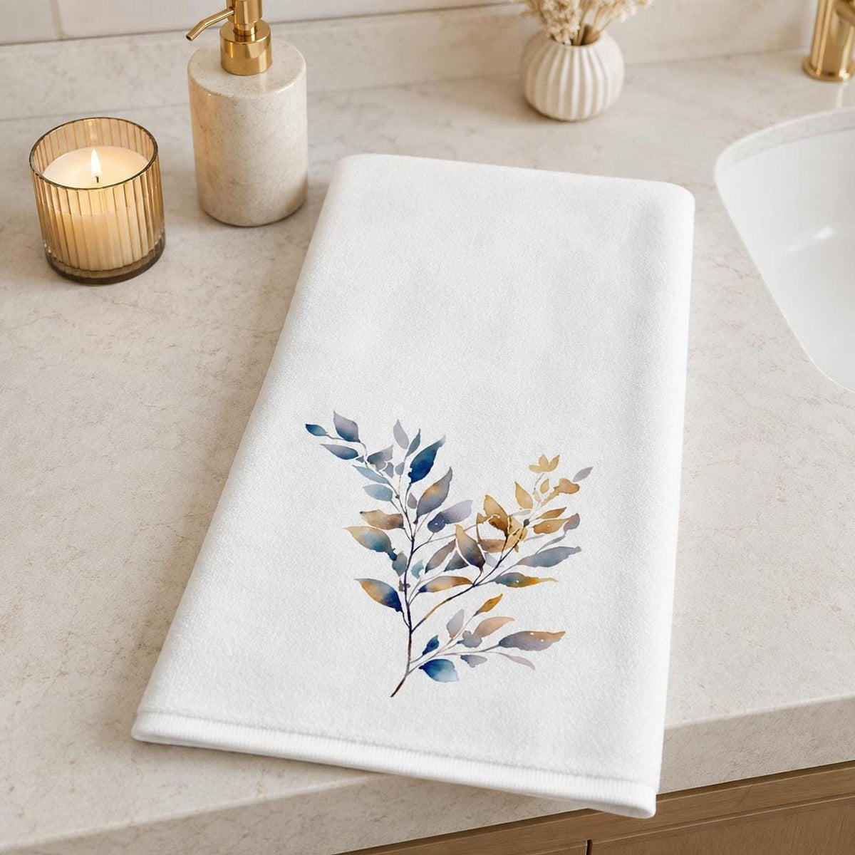 Botanical Bath Towel, White 24 × 42-Inch Watercolor Branch Design