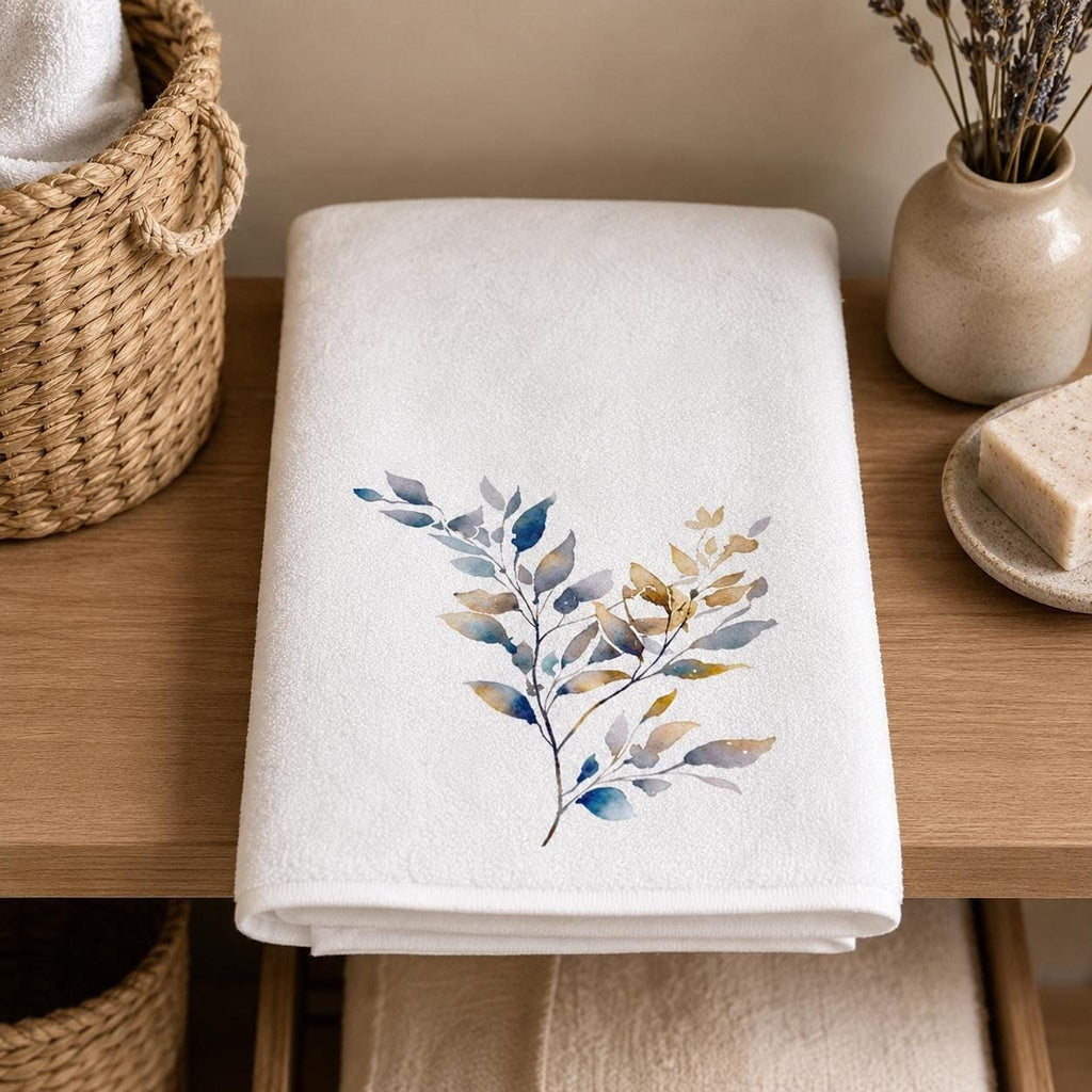 Botanical Bath Towel, White 24 × 42-Inch Watercolor Branch Design