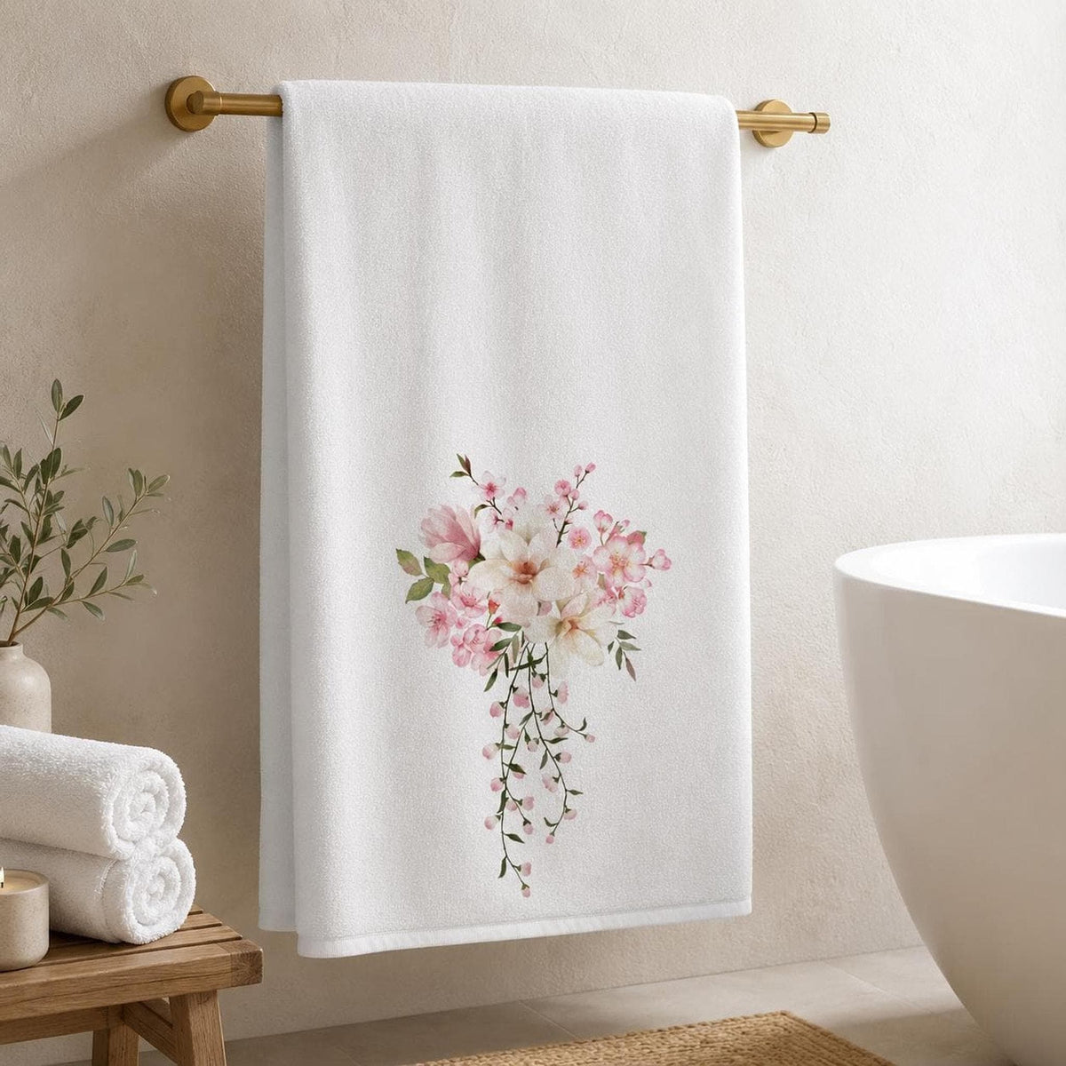 Floral Bath Towel, White 24 × 42 Inch Watercolor Botanical Decor