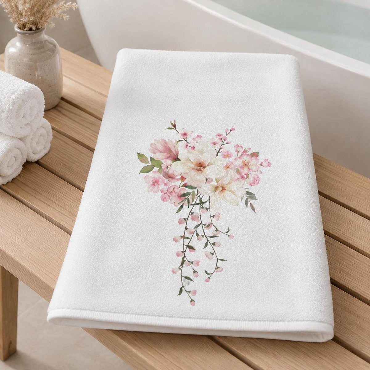 Floral Bath Towel, White 24 × 42 Inch Watercolor Botanical Decor