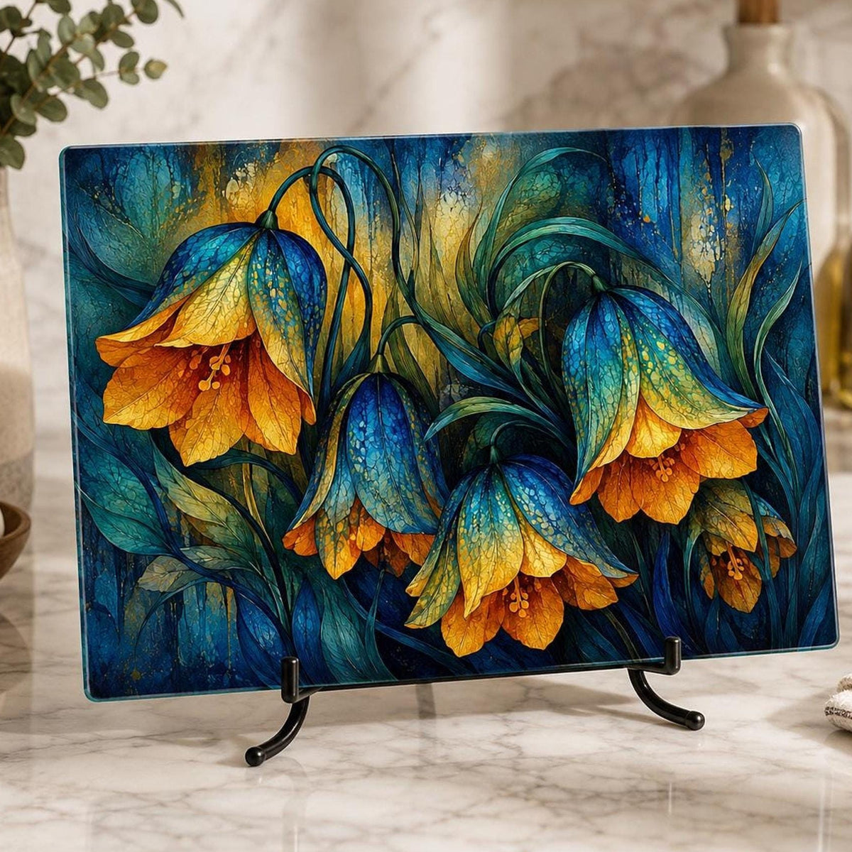 Glass Cutting Board, Moody Floral Tempered Surface, Blue And Gold Botanical Decor