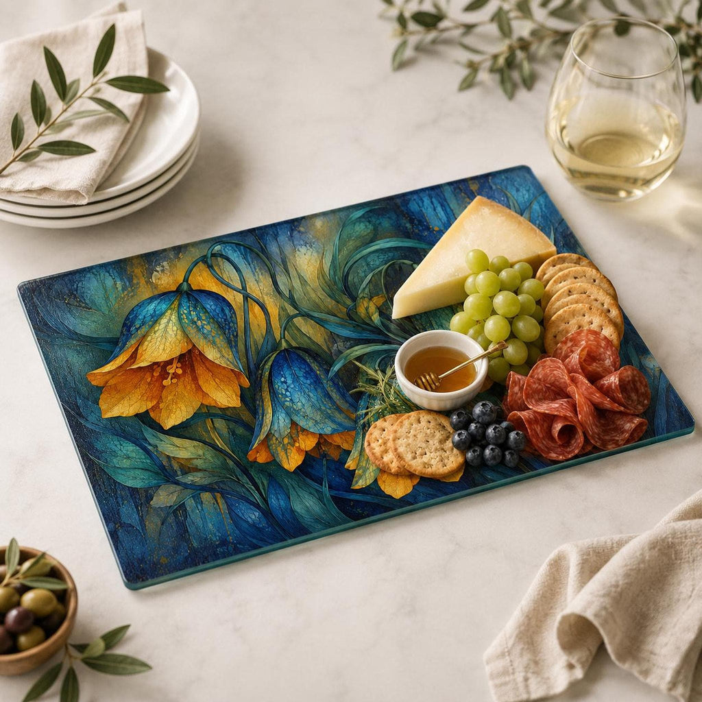 Glass Cutting Board, Moody Floral Tempered Surface, Blue And Gold Botanical Decor