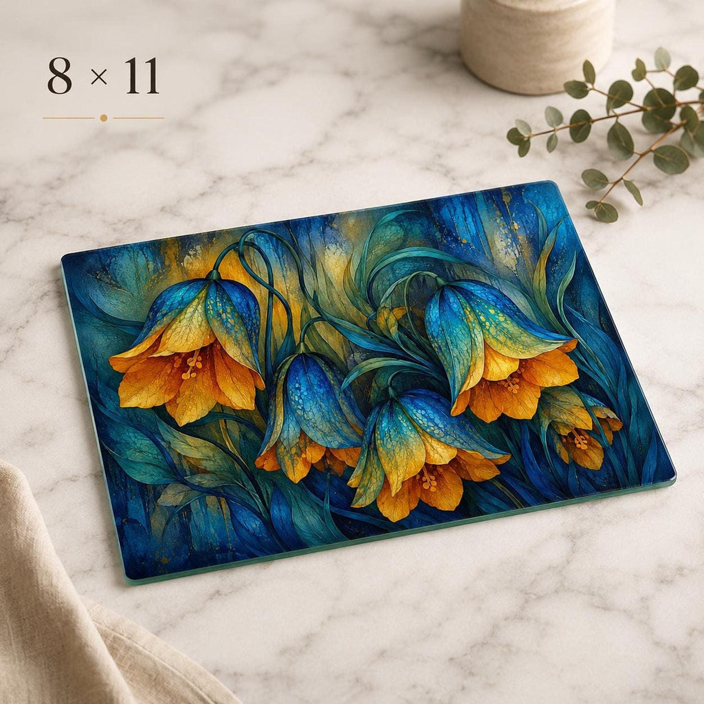 Glass Cutting Board, Moody Floral Tempered Surface, Blue And Gold Botanical Decor