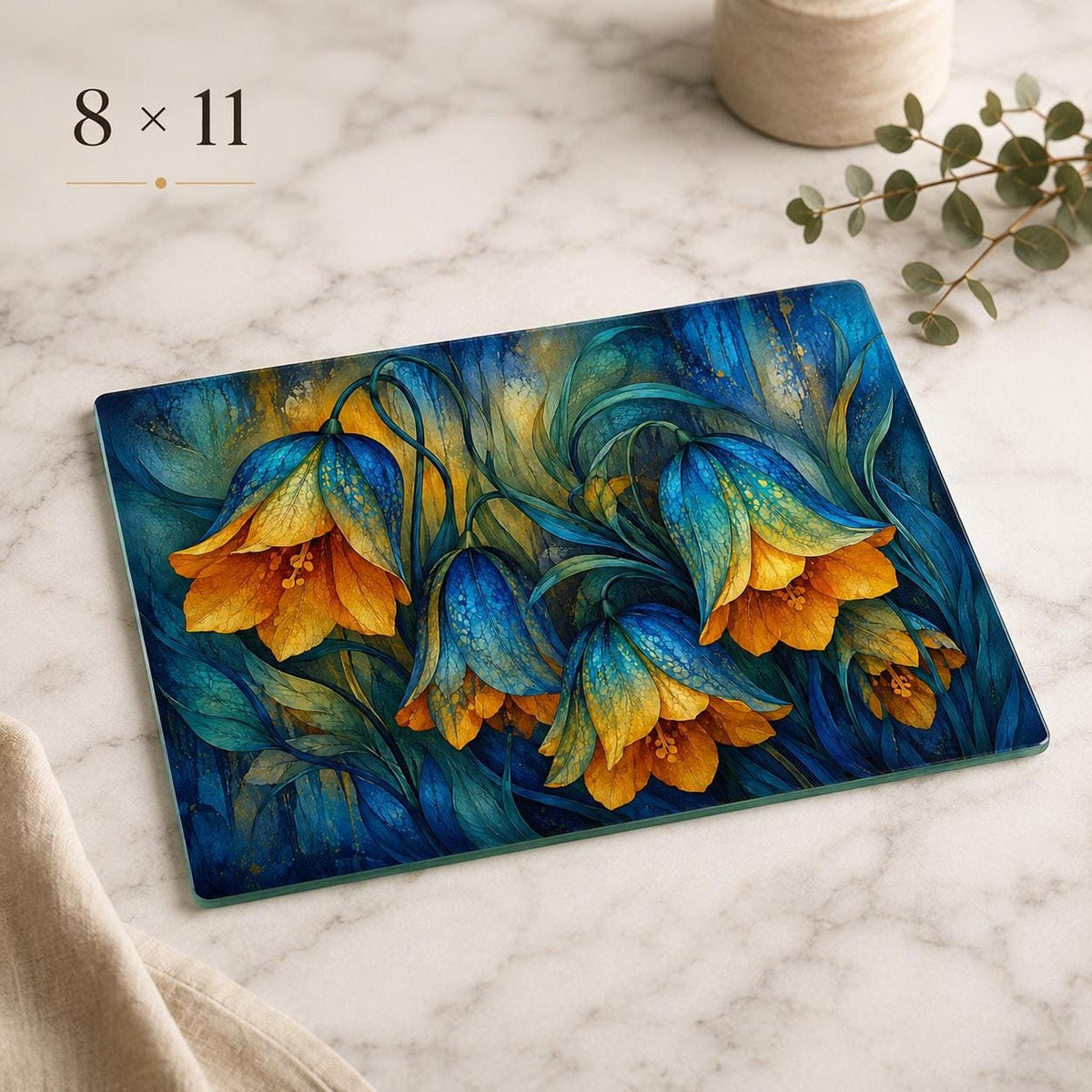 Glass Cutting Board, Moody Floral Tempered Surface, Blue And Gold Botanical Decor