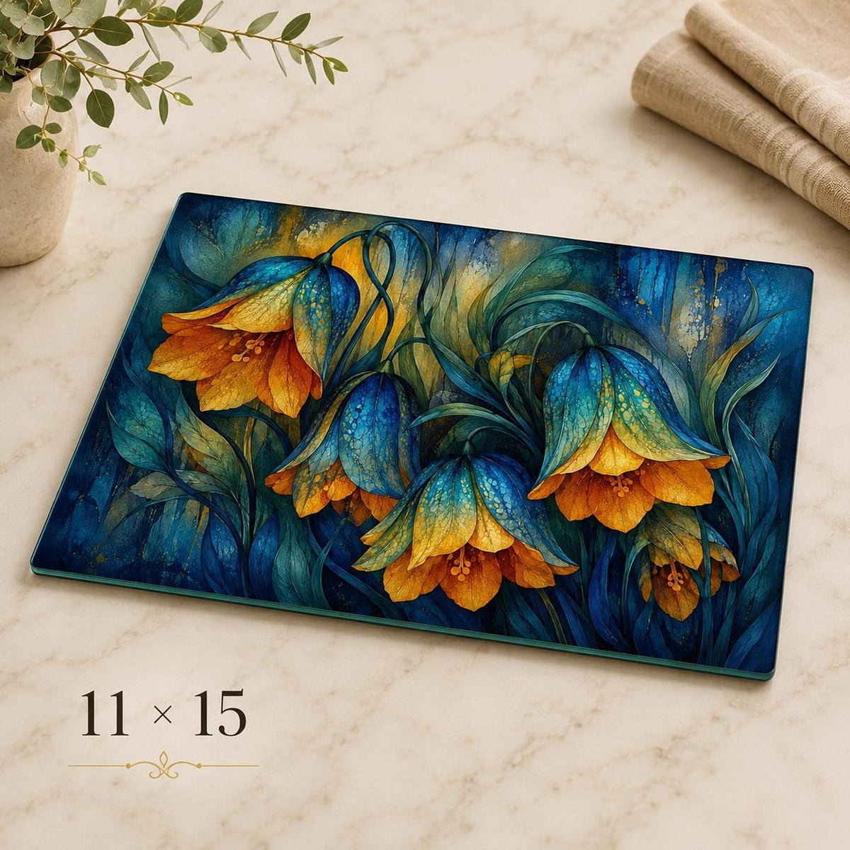 Glass Cutting Board, Moody Floral Tempered Surface, Blue And Gold Botanical Decor