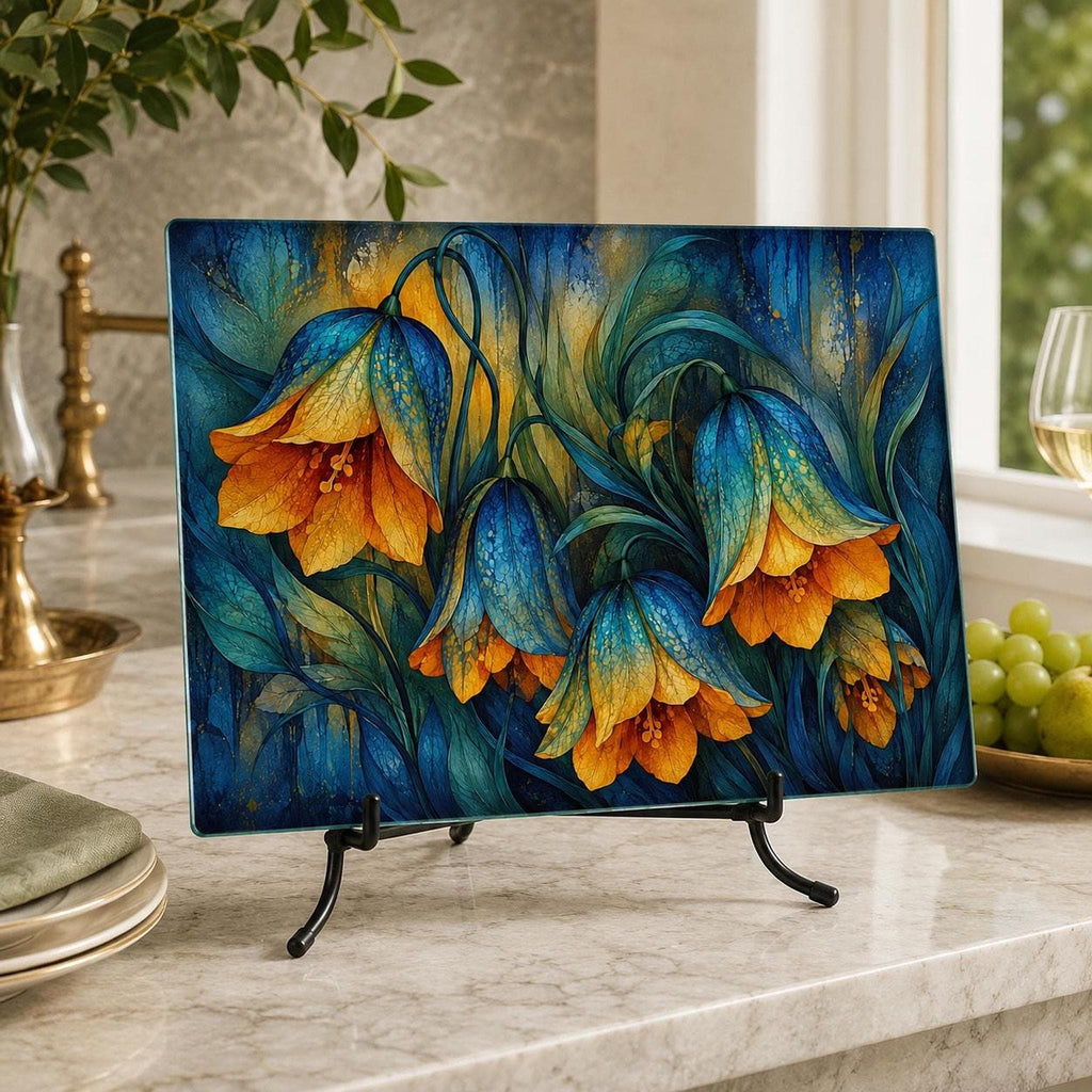 Glass Cutting Board, Moody Floral Tempered Surface, Blue And Gold Botanical Decor