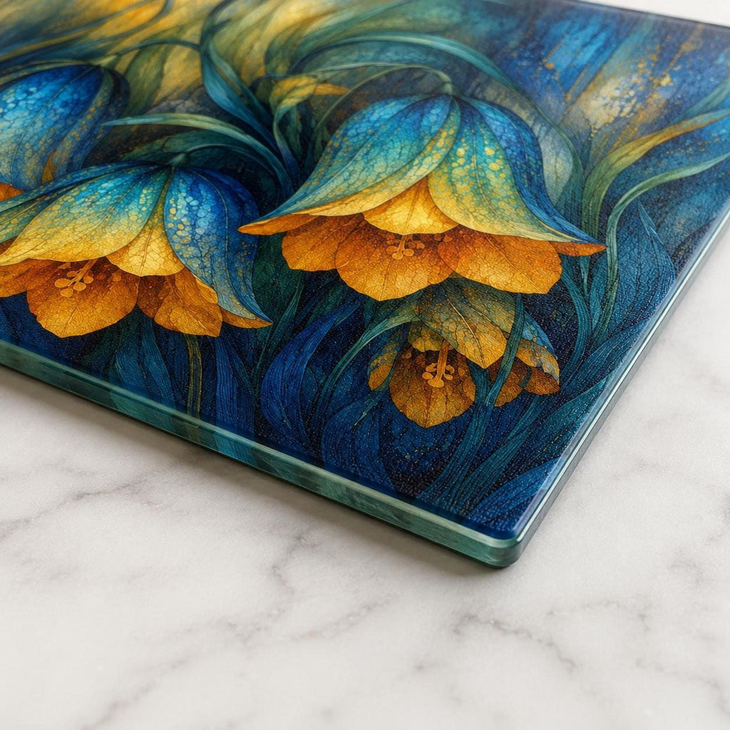Glass Cutting Board, Moody Floral Tempered Surface, Blue And Gold Botanical Decor