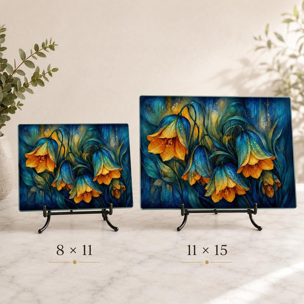 Glass Cutting Board, Moody Floral Tempered Surface, Blue And Gold Botanical Decor