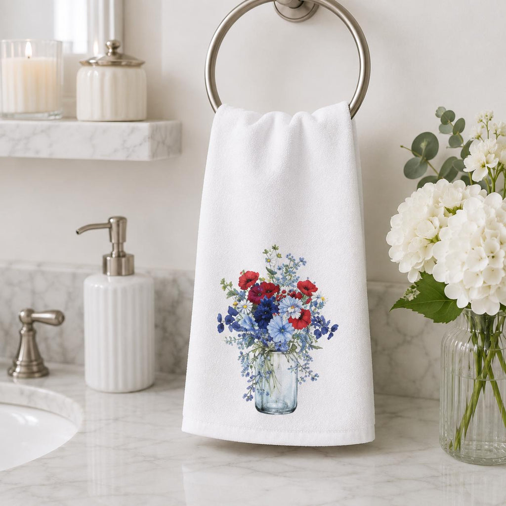 Red Blue Floral Hand Towel, Mason Jar Bouquet, Botanical Bathroom Decor, Patriotic Guest Gift