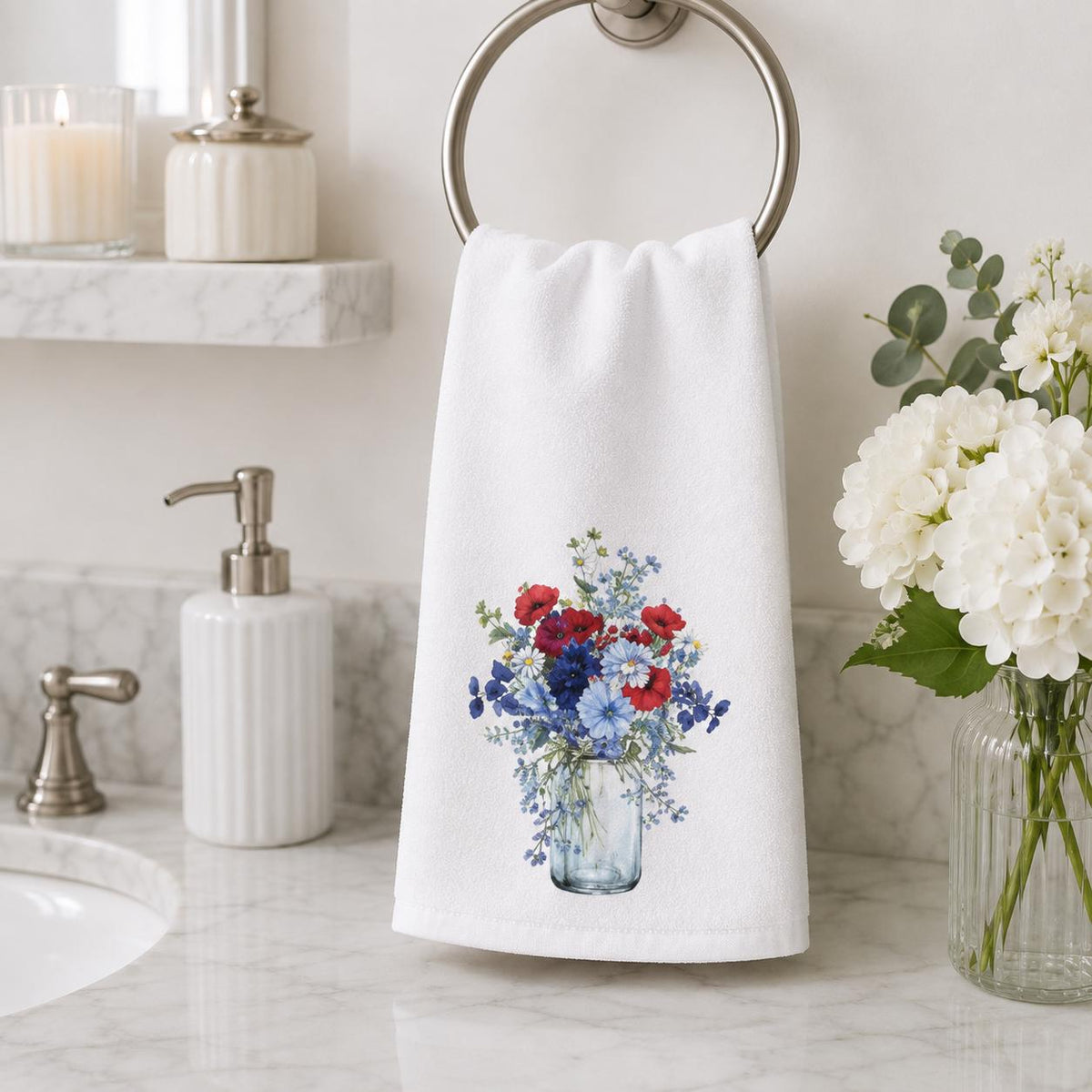 Red Blue Floral Hand Towel, Mason Jar Bouquet, Botanical Bathroom Decor, Patriotic Guest Gift
