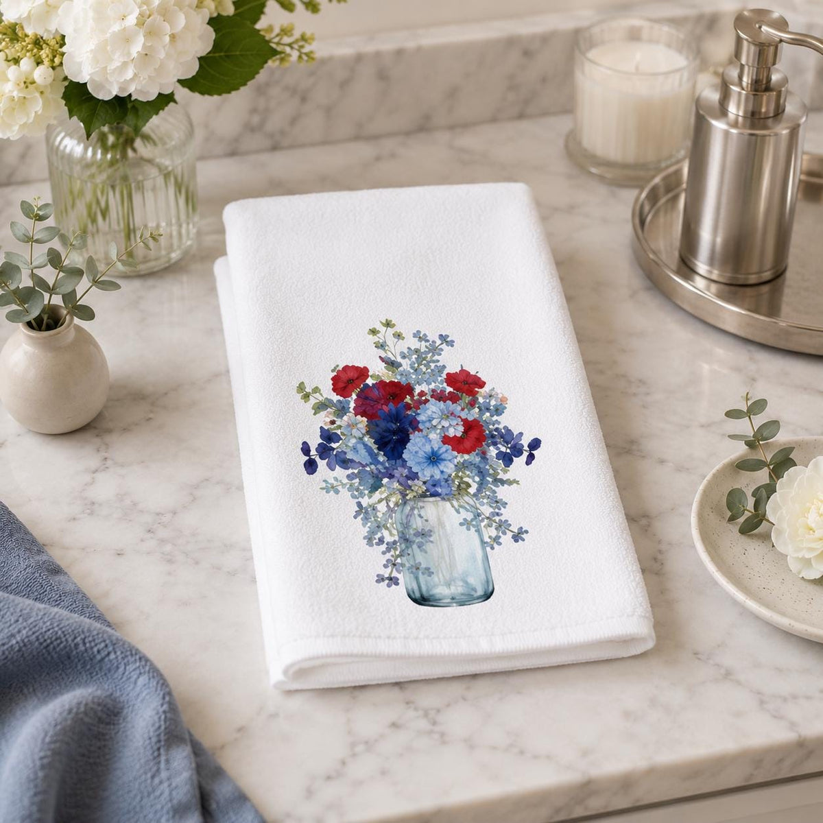Red Blue Floral Hand Towel, Mason Jar Bouquet, Botanical Bathroom Decor, Patriotic Guest Gift