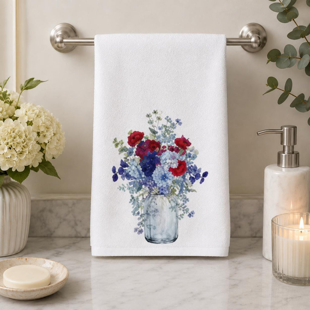 Red Blue Floral Hand Towel, Mason Jar Bouquet, Botanical Bathroom Decor, Patriotic Guest Gift