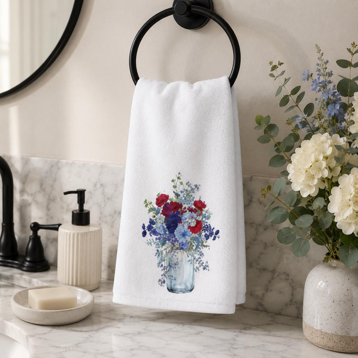 Red Blue Floral Hand Towel, Mason Jar Bouquet, Botanical Bathroom Decor, Patriotic Guest Gift