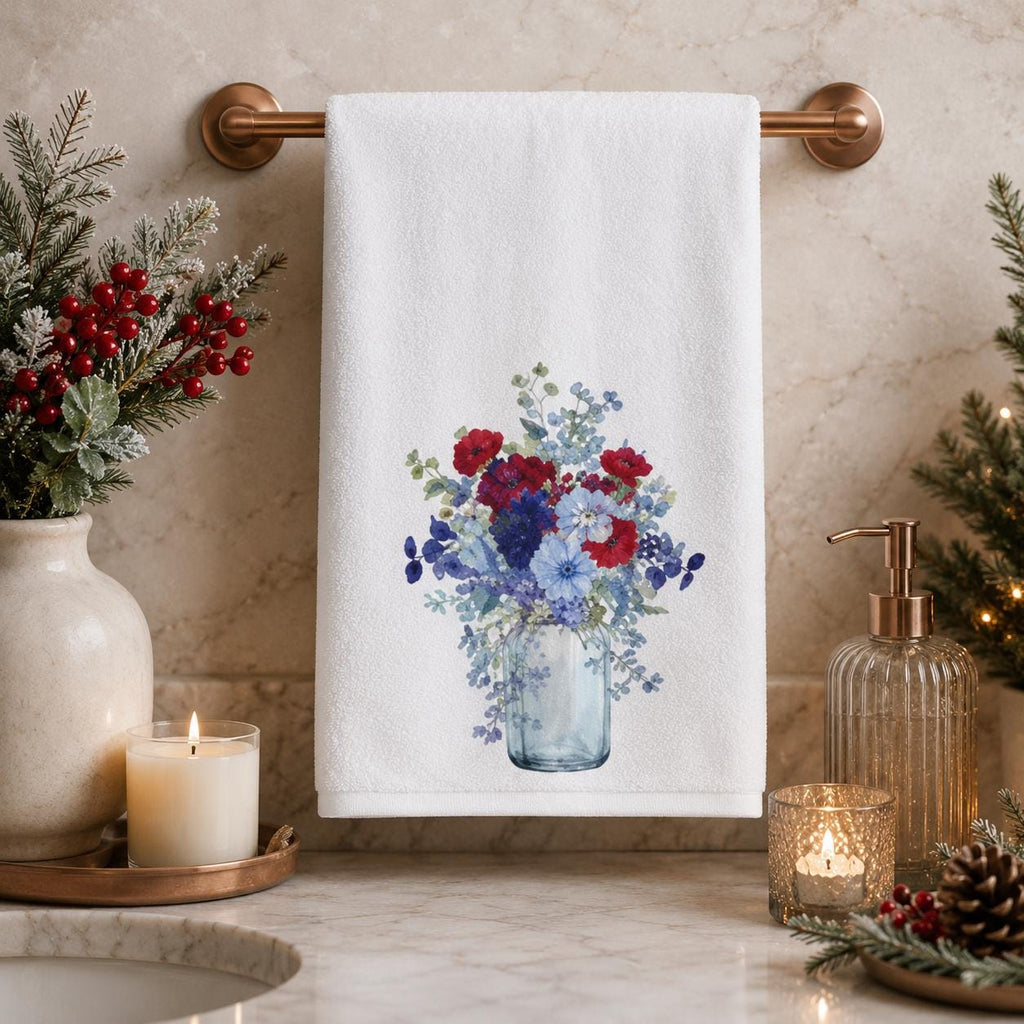 Red Blue Floral Hand Towel, Mason Jar Bouquet, Botanical Bathroom Decor, Patriotic Guest Gift