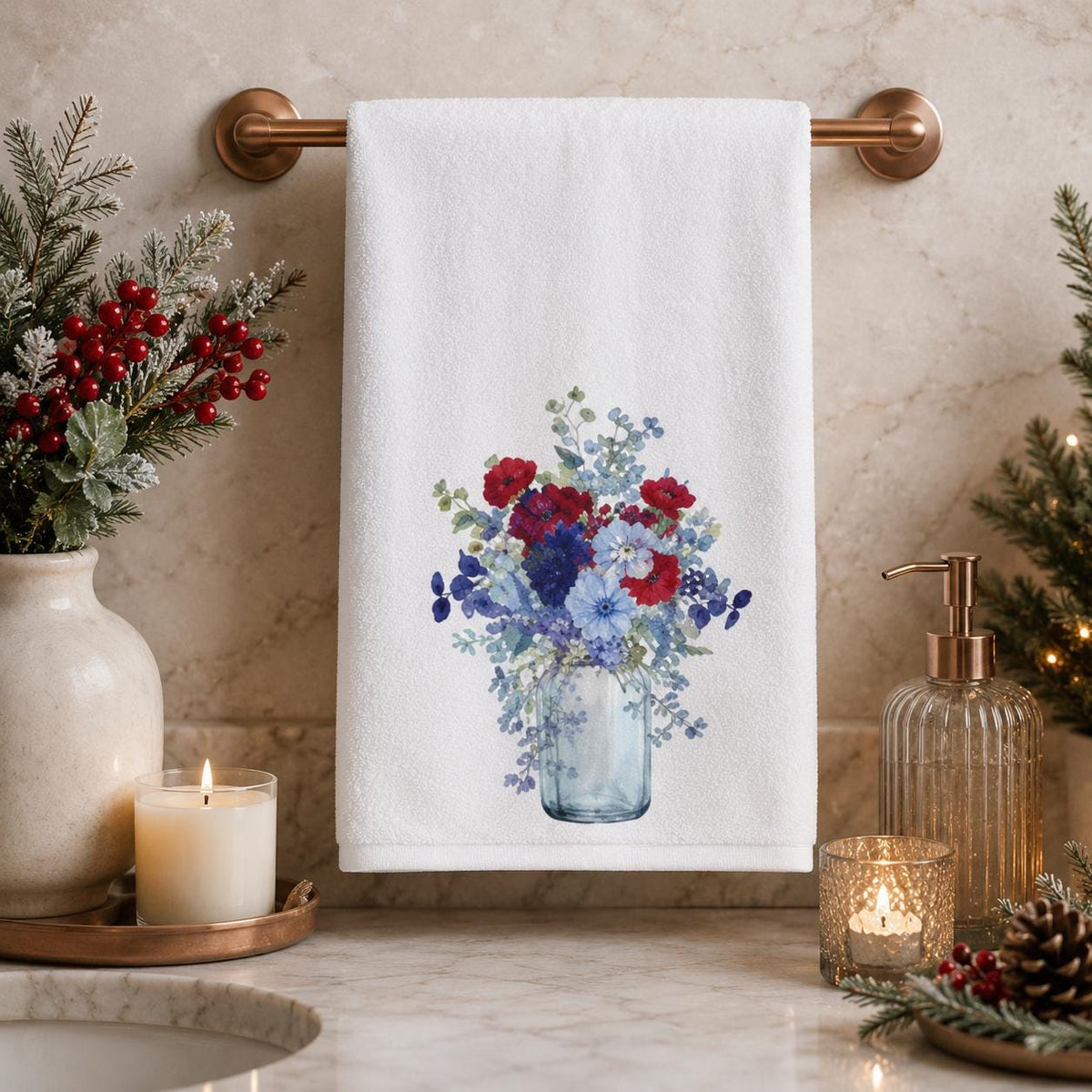 Red Blue Floral Hand Towel, Mason Jar Bouquet, Botanical Bathroom Decor, Patriotic Guest Gift