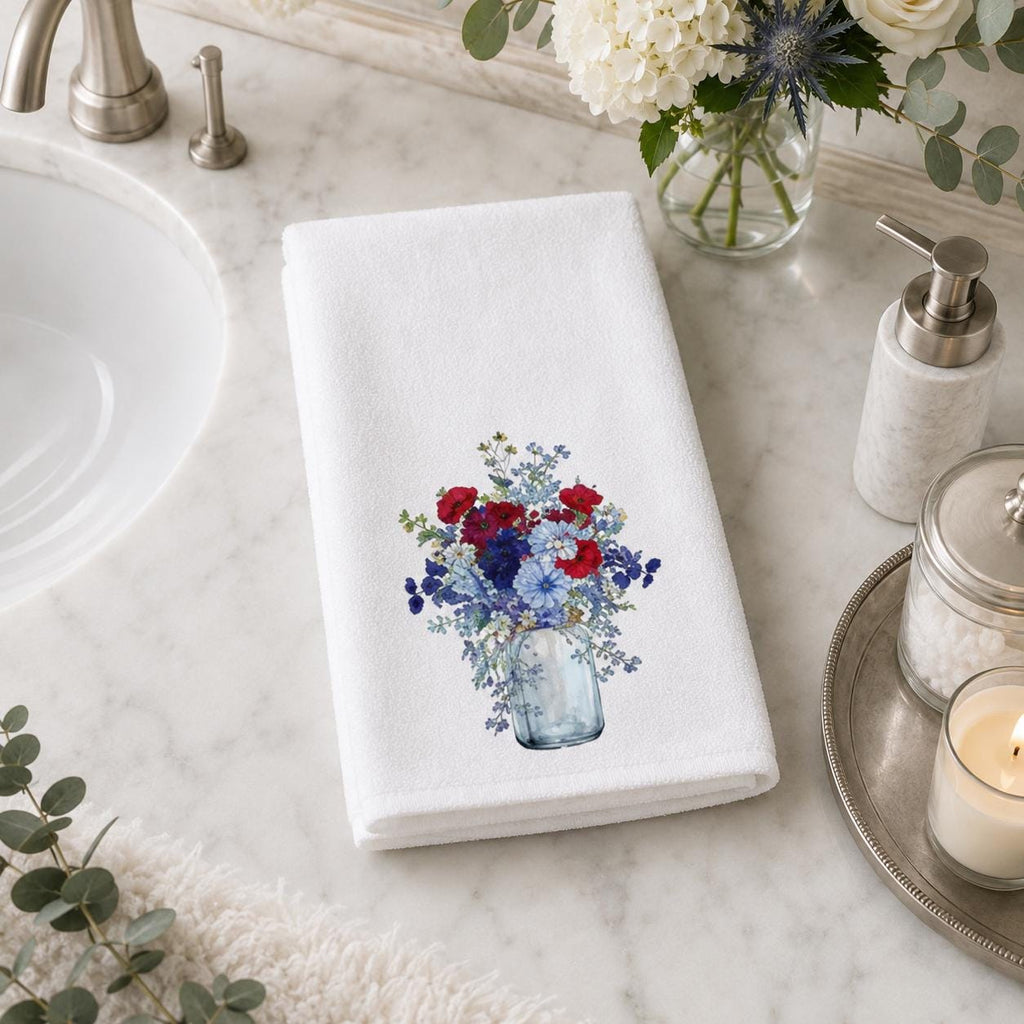Red Blue Floral Hand Towel, Mason Jar Bouquet, Botanical Bathroom Decor, Patriotic Guest Gift