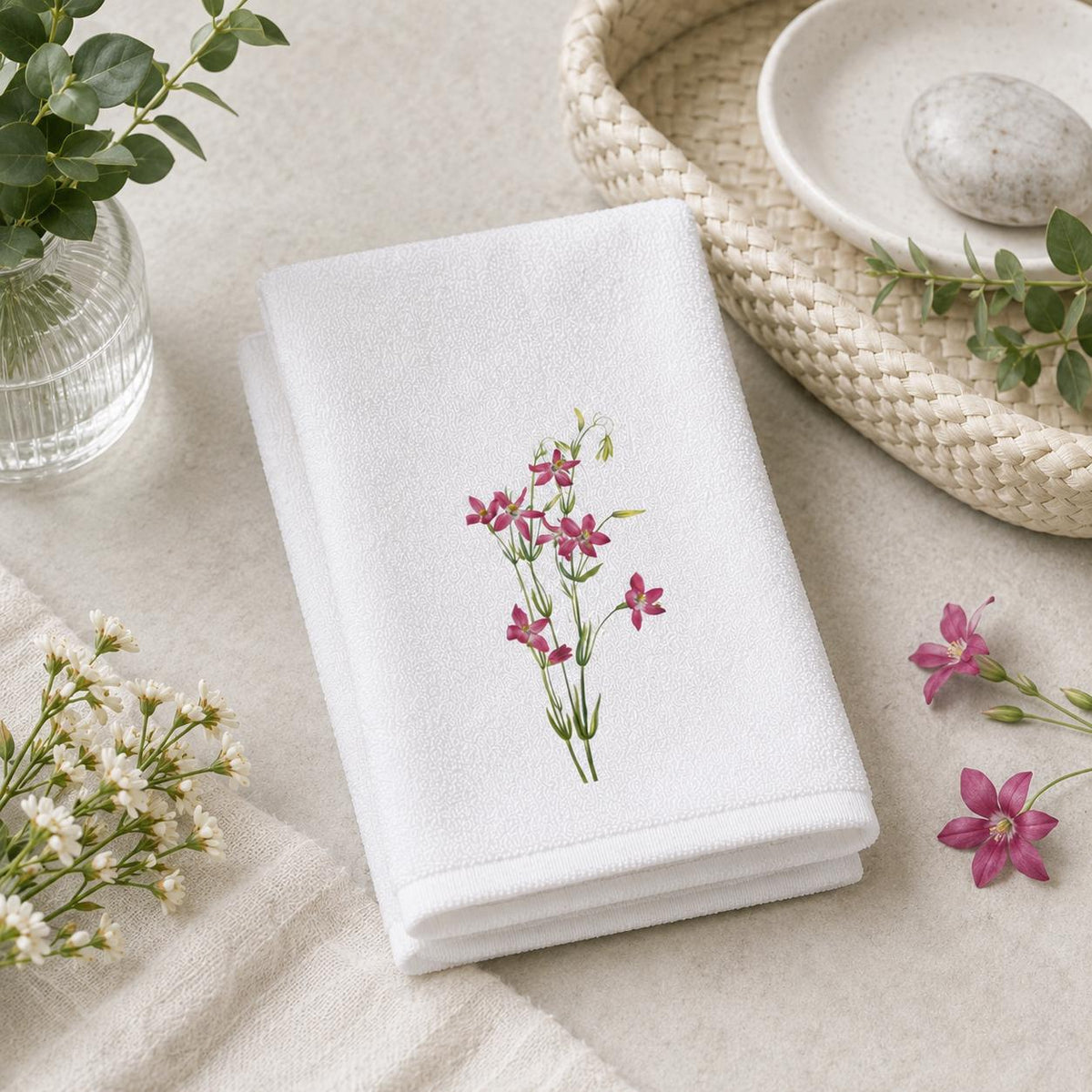 Pink Wildflower Fingertip Towel, Floral Guest Bath Towel, Powder Room Decor