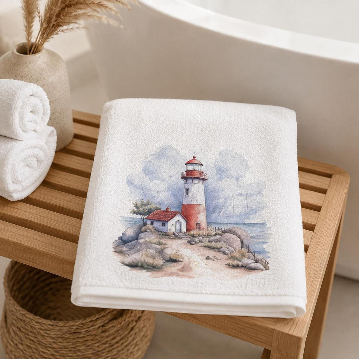 Coastal Bath Towel, Watercolor Lighthouse Design, 24 × 42 Inches