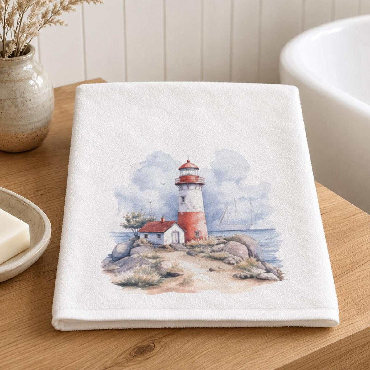 Coastal Bath Towel, Watercolor Lighthouse Design, 24 × 42 Inches