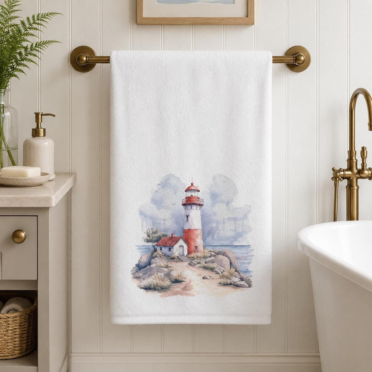 Coastal Bath Towel, Watercolor Lighthouse Design, 24 × 42 Inches
