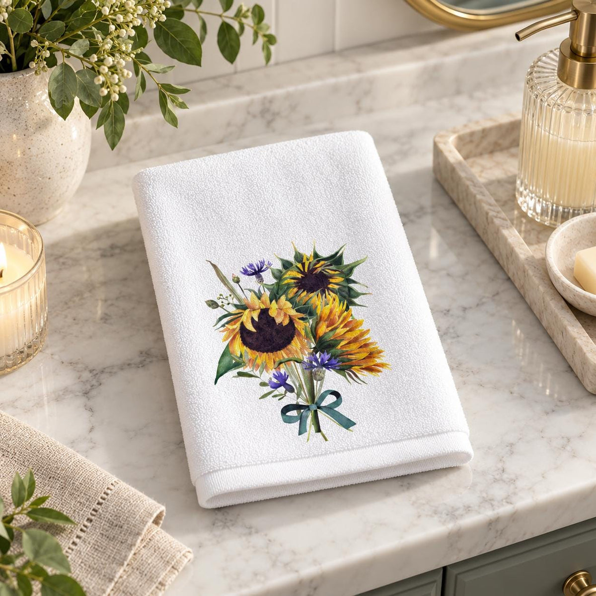 Sunflower Fingertip Towel, Floral Guest Bath Decor, Farmhouse Powder Room Accent, Hostess Gift