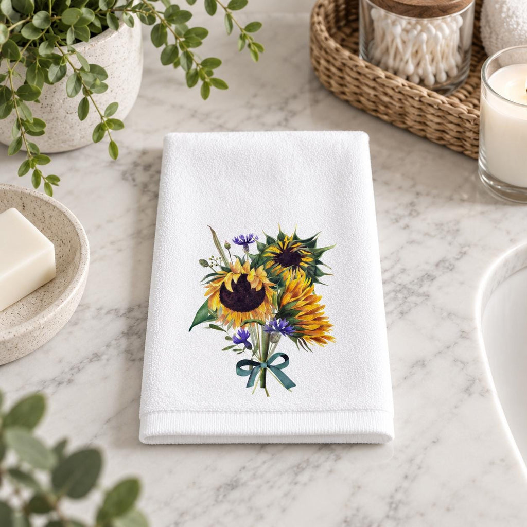 Sunflower Fingertip Towel, Floral Guest Bath Decor, Farmhouse Powder Room Accent, Hostess Gift