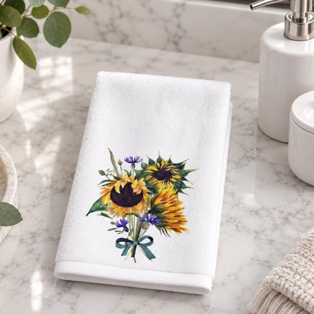 Sunflower Fingertip Towel, Floral Guest Bath Decor, Farmhouse Powder Room Accent, Hostess Gift