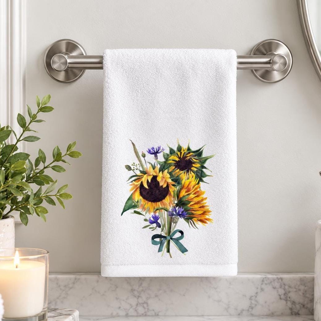 Sunflower Fingertip Towel, Floral Guest Bath Decor, Farmhouse Powder Room Accent, Hostess Gift