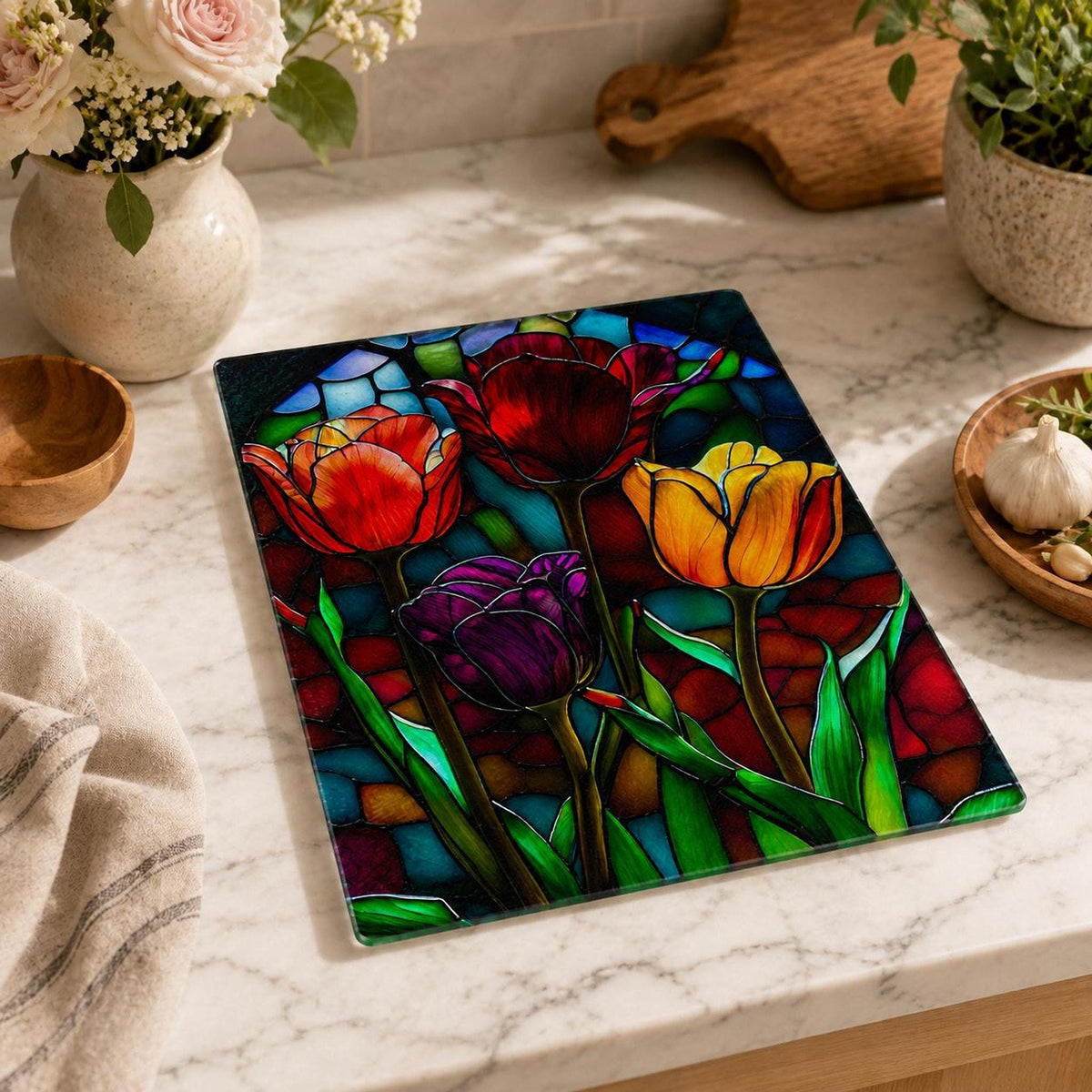 Tulip Cutting Board, Tempered Glass Floral Serving Surface