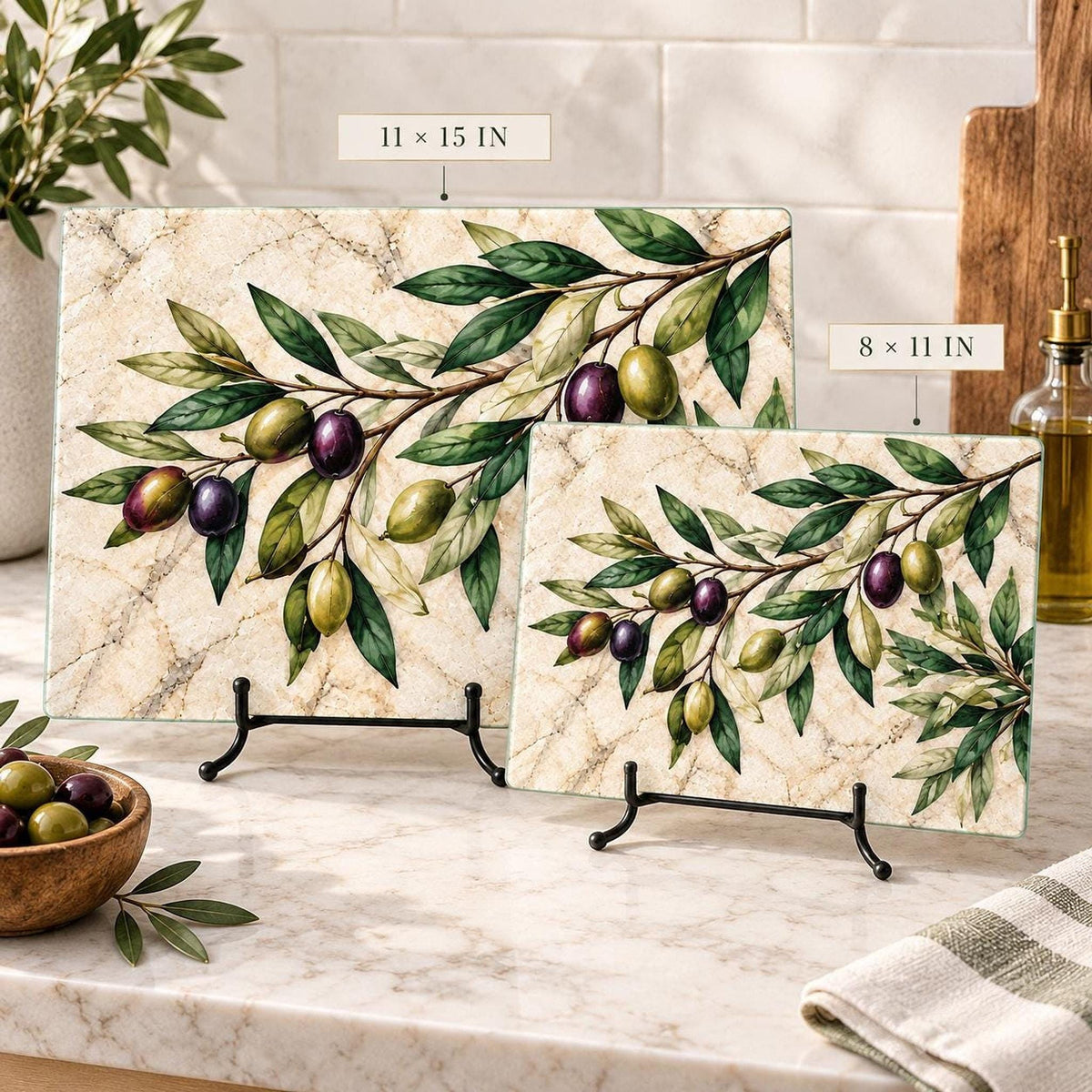 Olive Cutting Board, Tempered Glass Charcuterie Tray, Mediterranean Decor