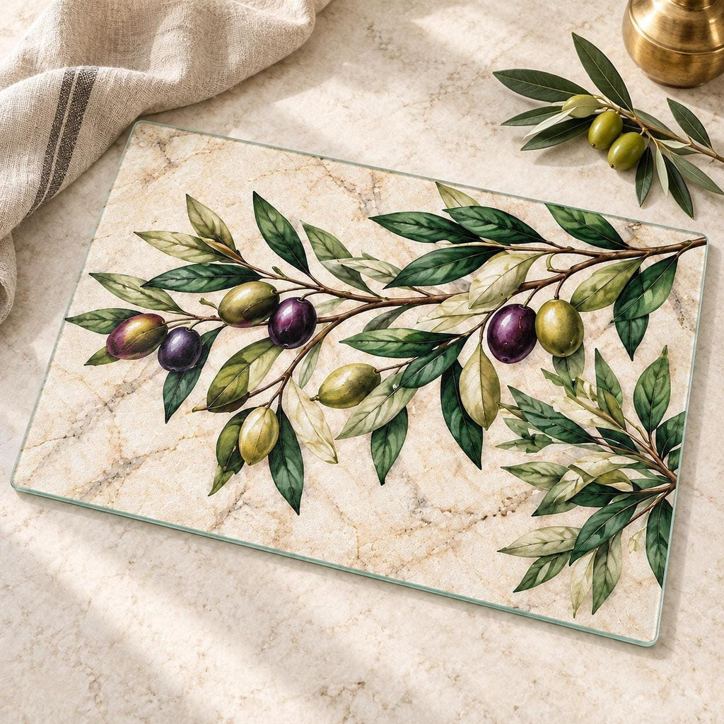 Olive Cutting Board, Tempered Glass Charcuterie Tray, Mediterranean Decor
