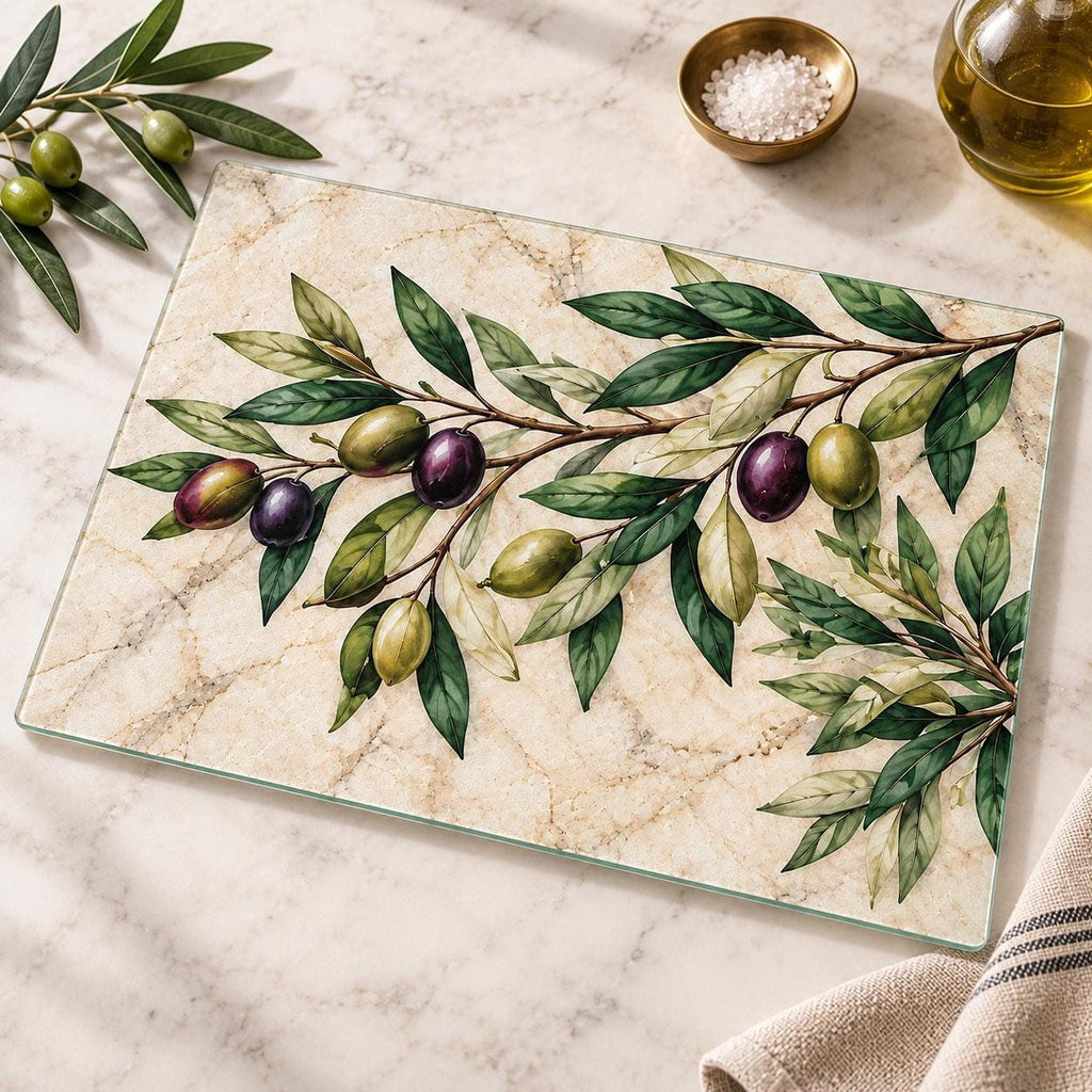 Olive Cutting Board, Tempered Glass Charcuterie Tray, Mediterranean Decor