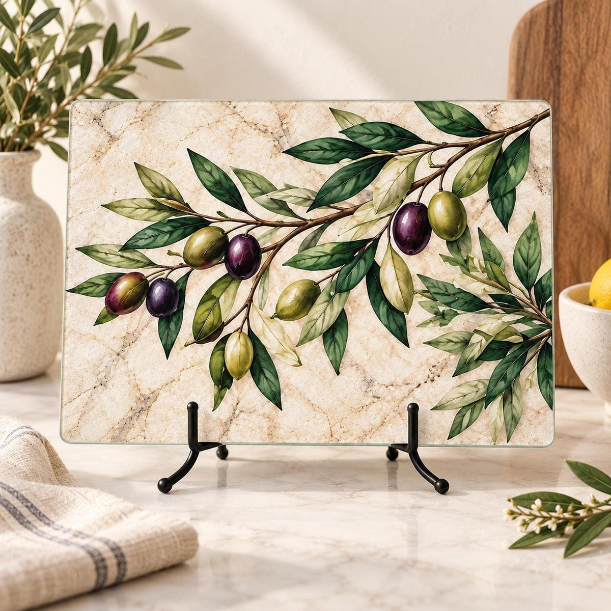 Olive Cutting Board, Tempered Glass Charcuterie Tray, Mediterranean Decor