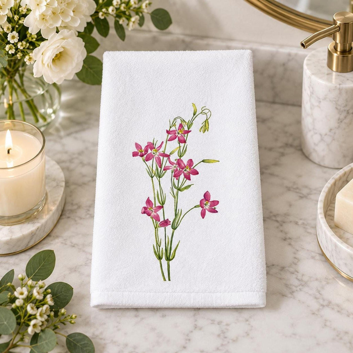 Floral Hand Towel, Pink Wildflower 15 × 25 Inch Powder Room Decor