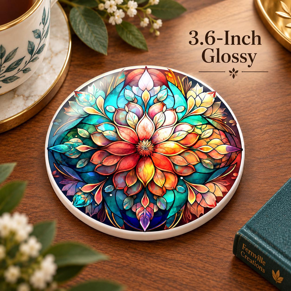 Colorful Floral Ceramic Coaster, Stained Glass Style Decor, Botanical Gift, Boho Home Accent