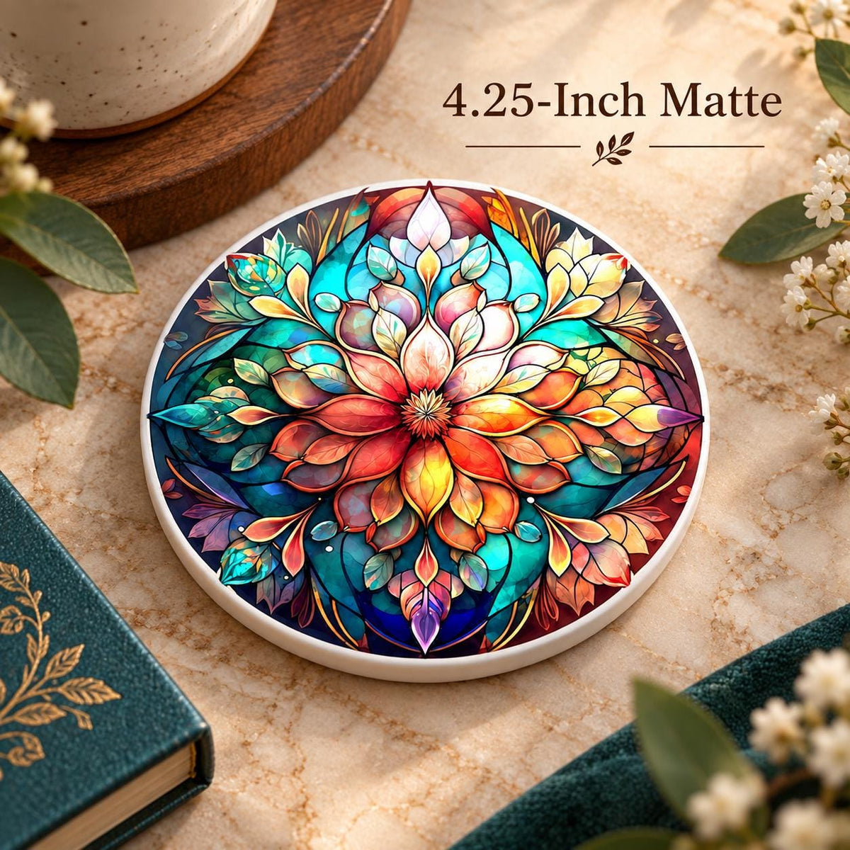 Colorful Floral Ceramic Coaster, Stained Glass Style Decor, Botanical Gift, Boho Home Accent