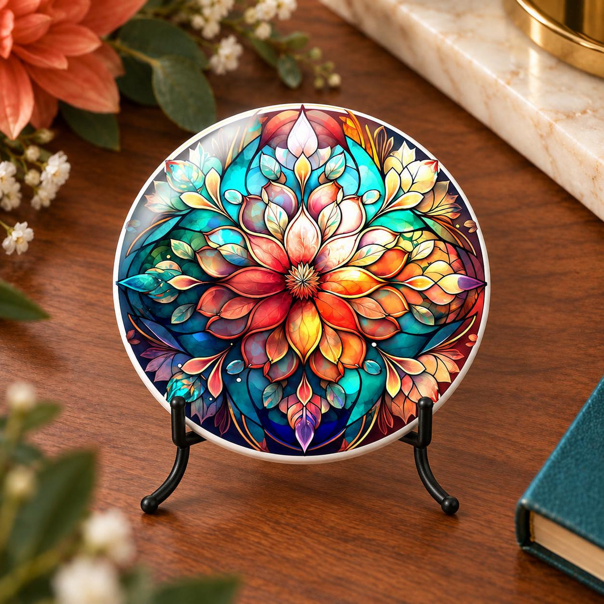 Colorful Floral Ceramic Coaster, Stained Glass Style Decor, Botanical Gift, Boho Home Accent
