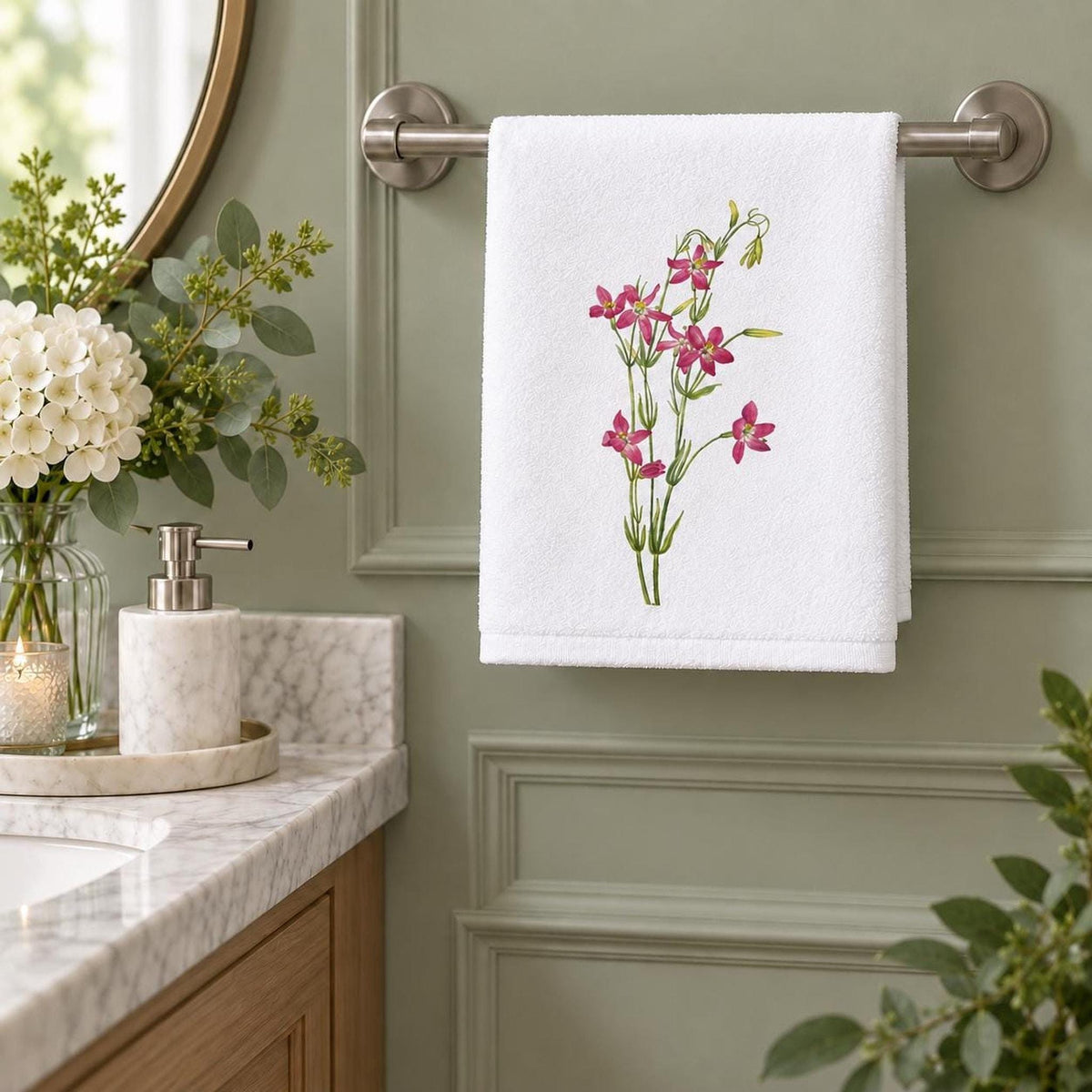 Floral Hand Towel, Pink Wildflower 15 × 25 Inch Powder Room Decor