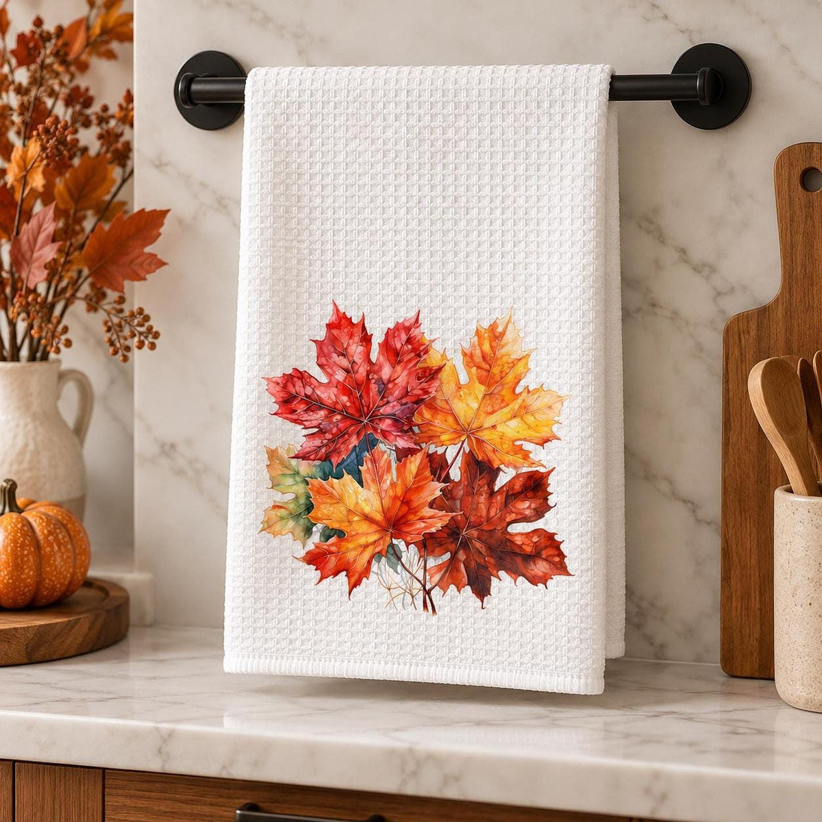 Waffle Kitchen Towel, White Microfiber Maple Leaf Fall Tea