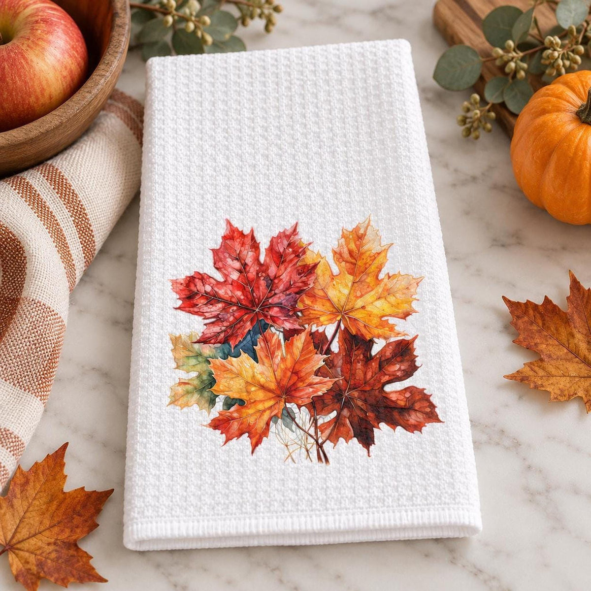 Waffle Kitchen Towel, White Microfiber Maple Leaf Fall Tea