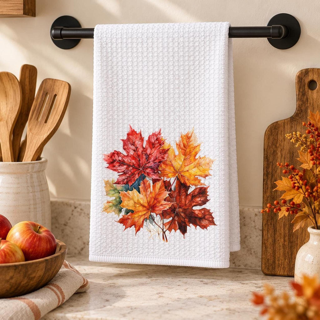 Waffle Kitchen Towel, White Microfiber Maple Leaf Fall Tea