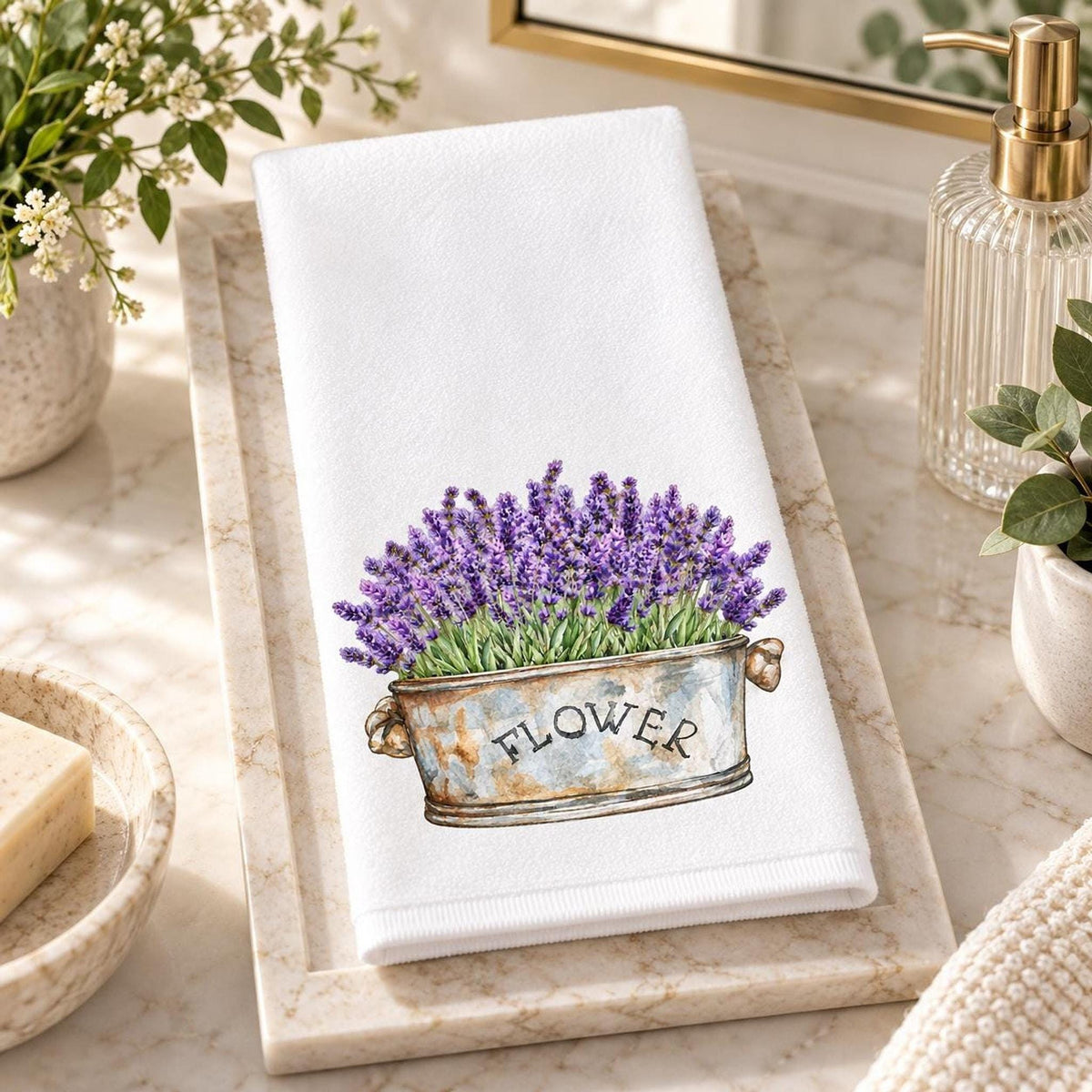 Guest Bath Towel, Lavender Flower Design, 11x18 Cotton Blend