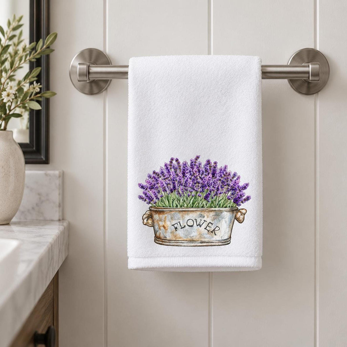 Guest Bath Towel, Lavender Flower Design, 11x18 Cotton Blend