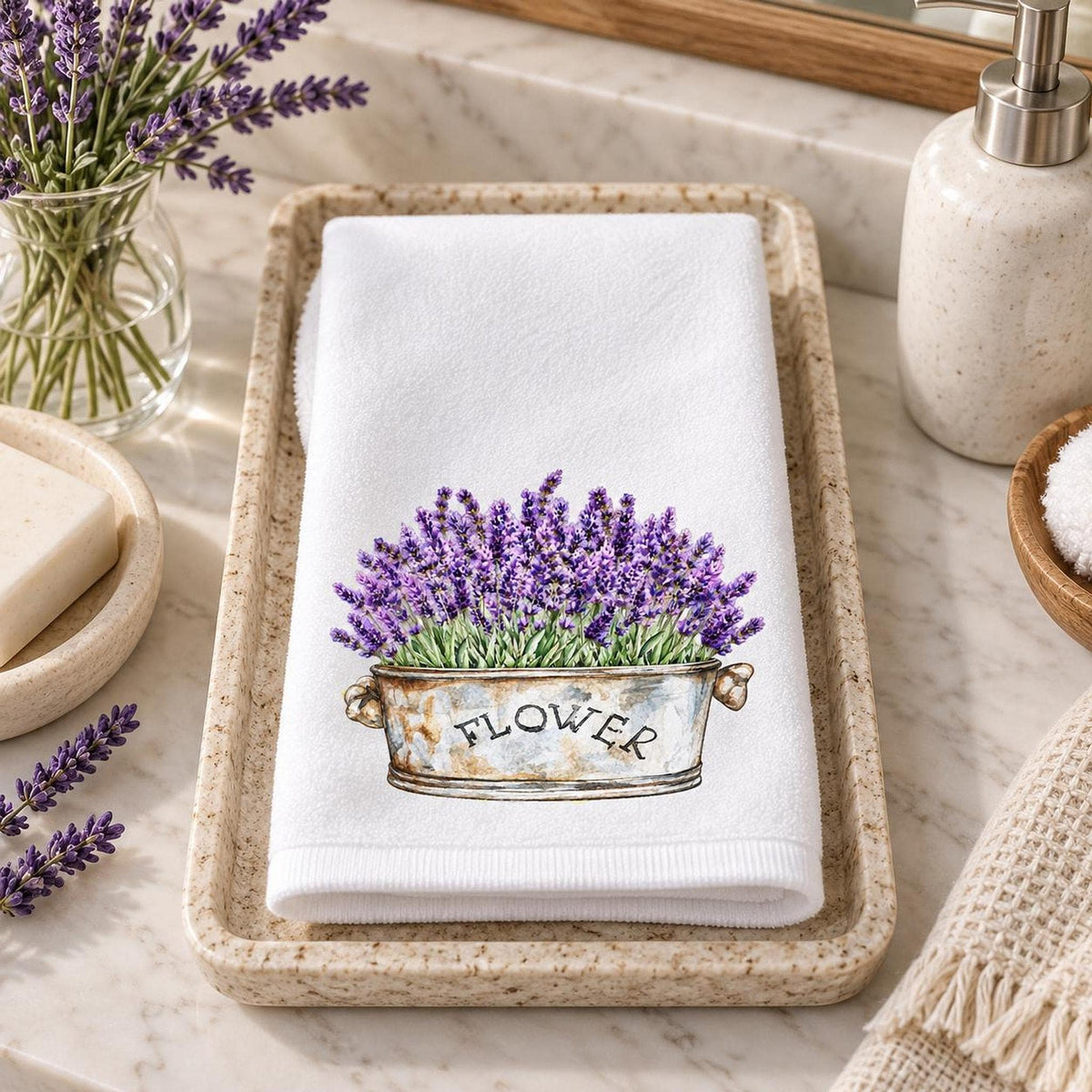 Guest Bath Towel, Lavender Flower Design, 11x18 Cotton Blend