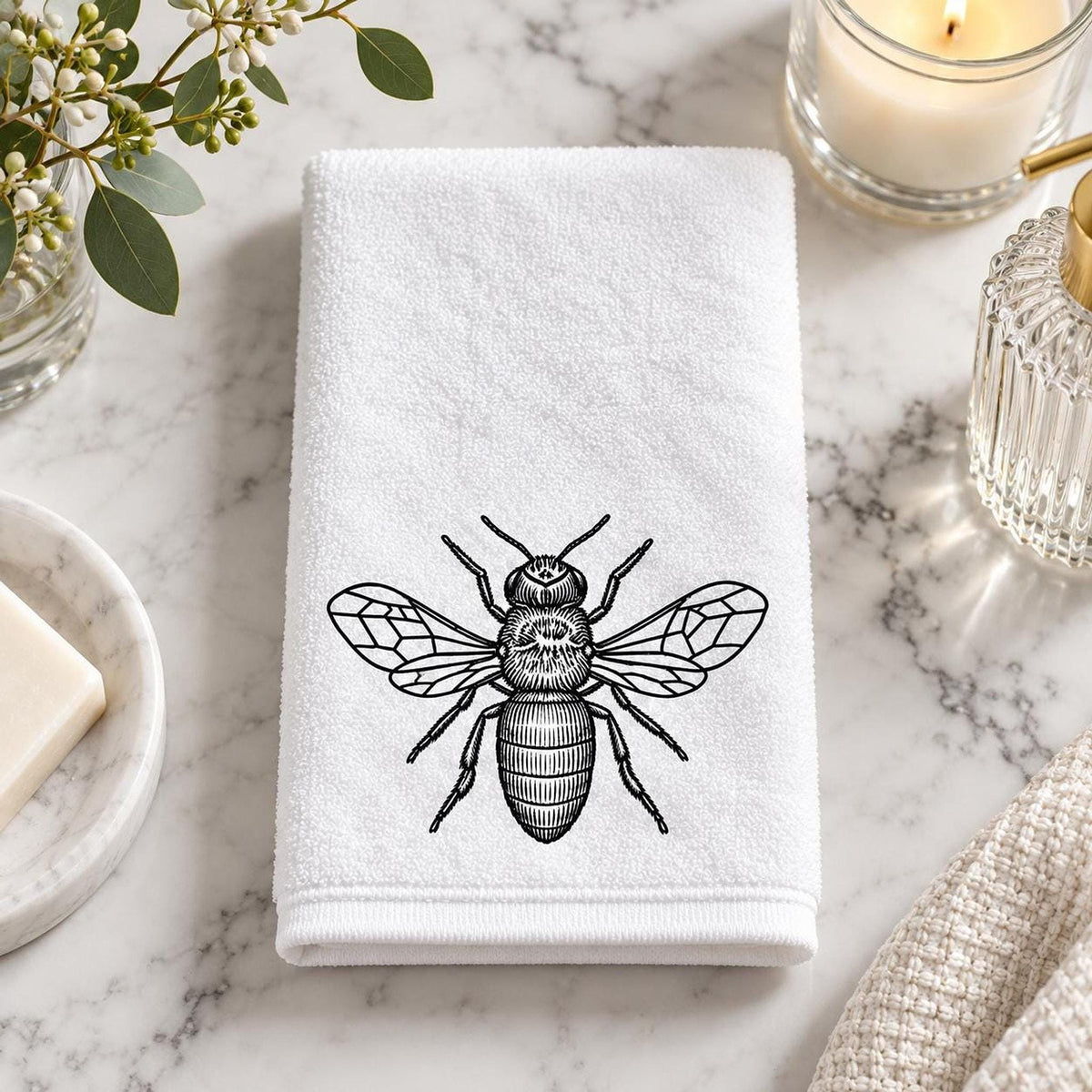 Bee Fingertip Towel, Black White Guest Bath Decor, 11 × 18 Inch Cotton Terry