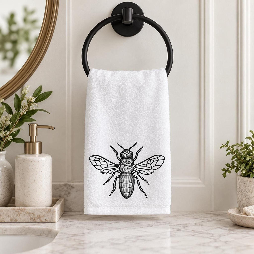 Bee Fingertip Towel, Black White Guest Bath Decor, 11 × 18 Inch Cotton Terry