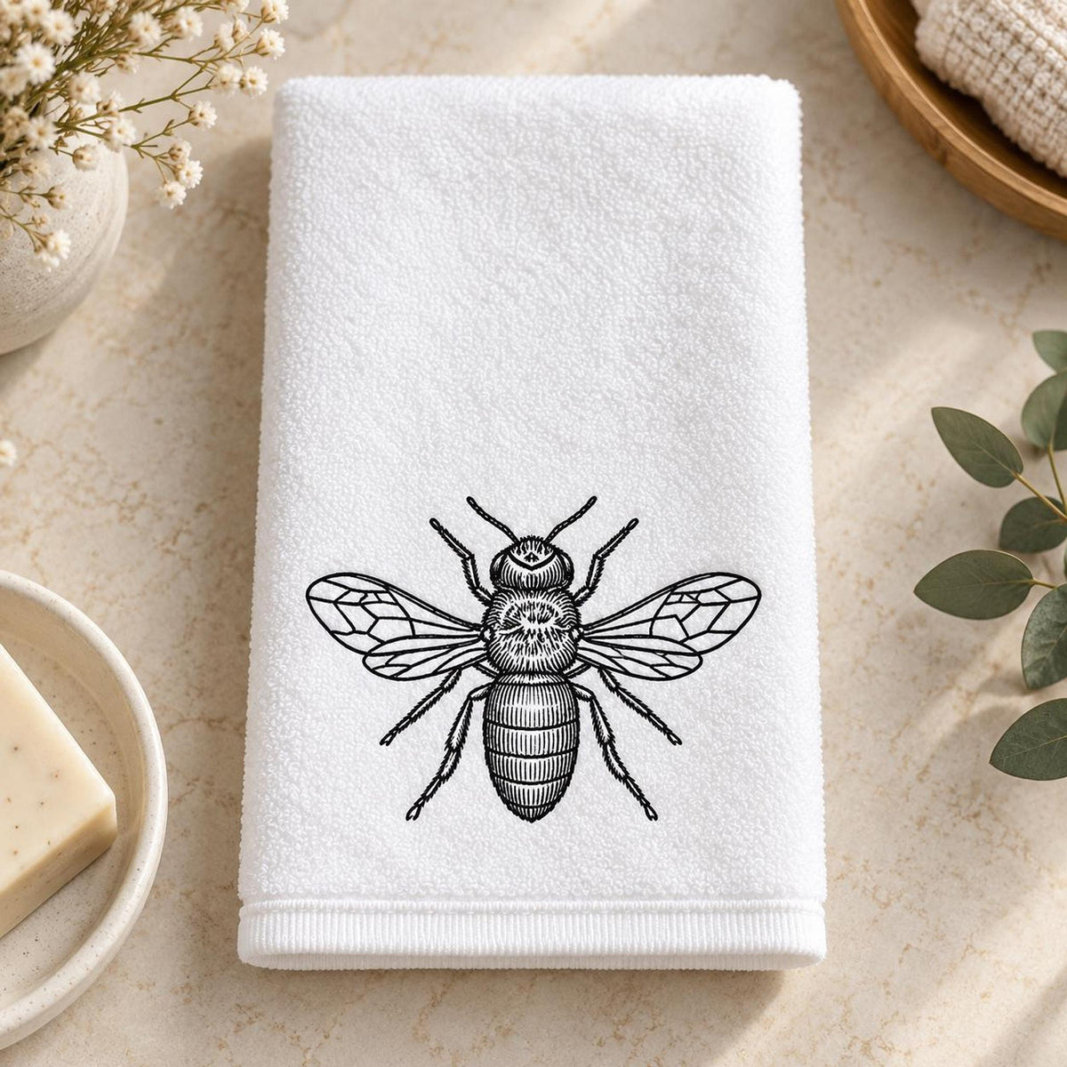 Bee Fingertip Towel, Black White Guest Bath Decor, 11 × 18 Inch Cotton Terry