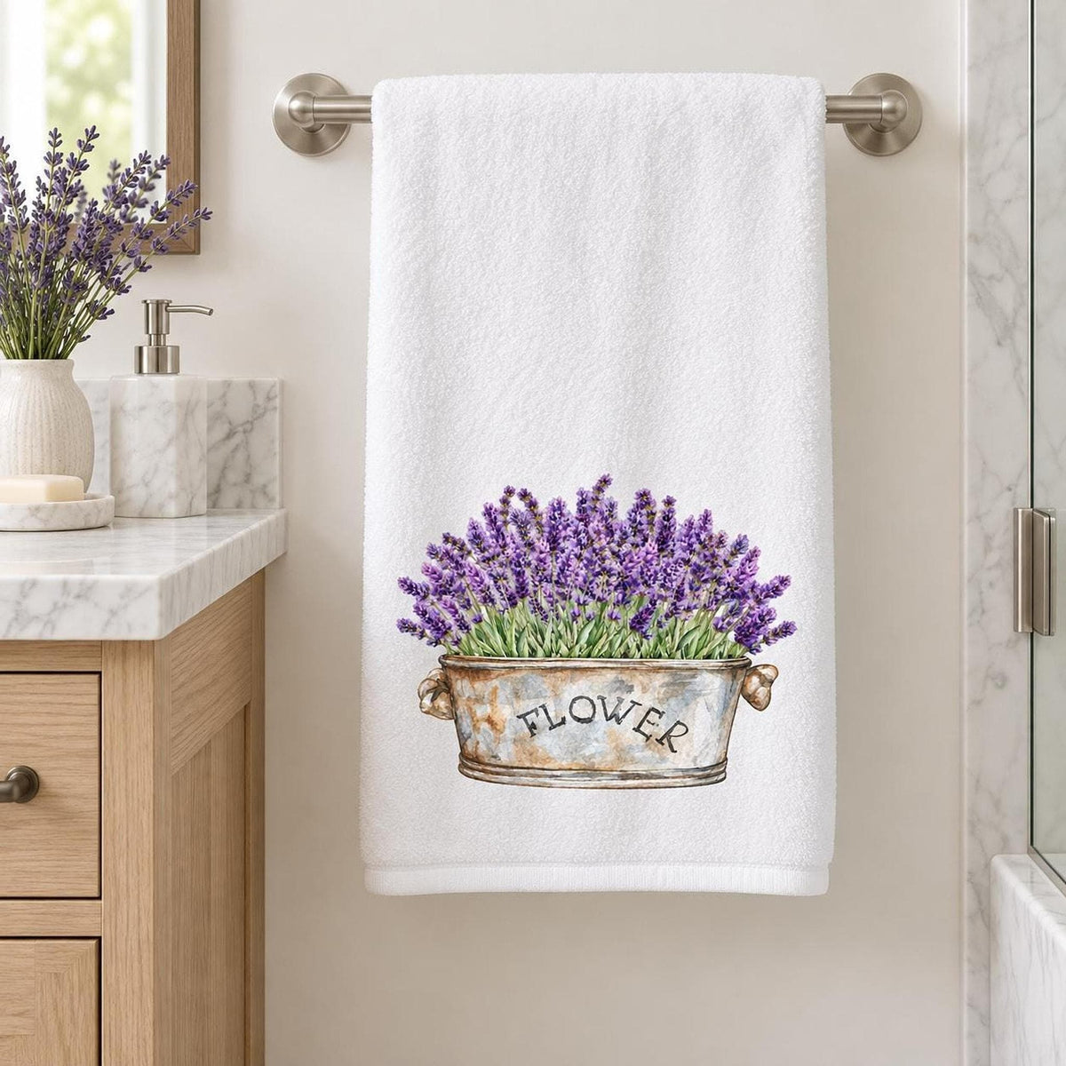Lavender Bath Towel, 24 × 42 Inch Cotton Terry Farmhouse Floral Accent